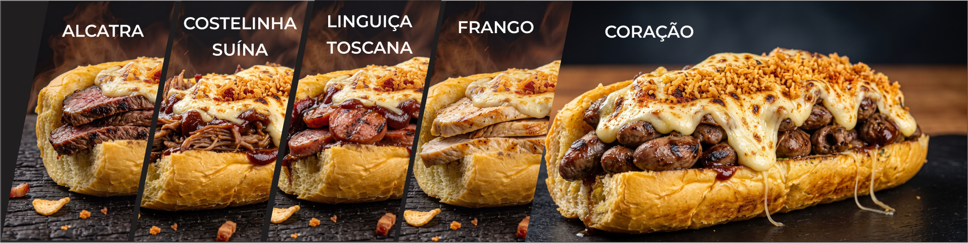 Seleção de pães de alho recheados com alcatra, costelinha suína, linguiça toscana, frango e coração
