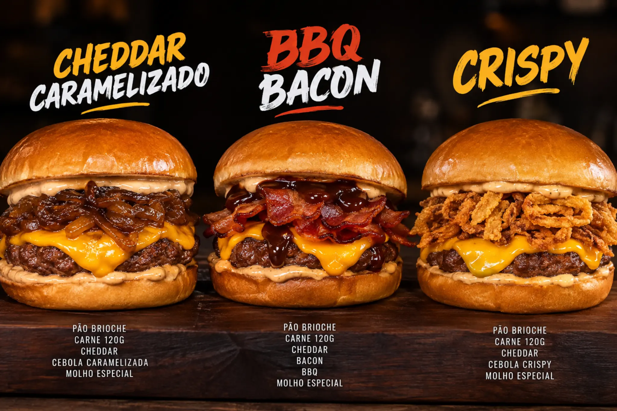 Três hambúrgueres da Pão & Alho: cheddar caramelizado, BBQ bacon e crispy